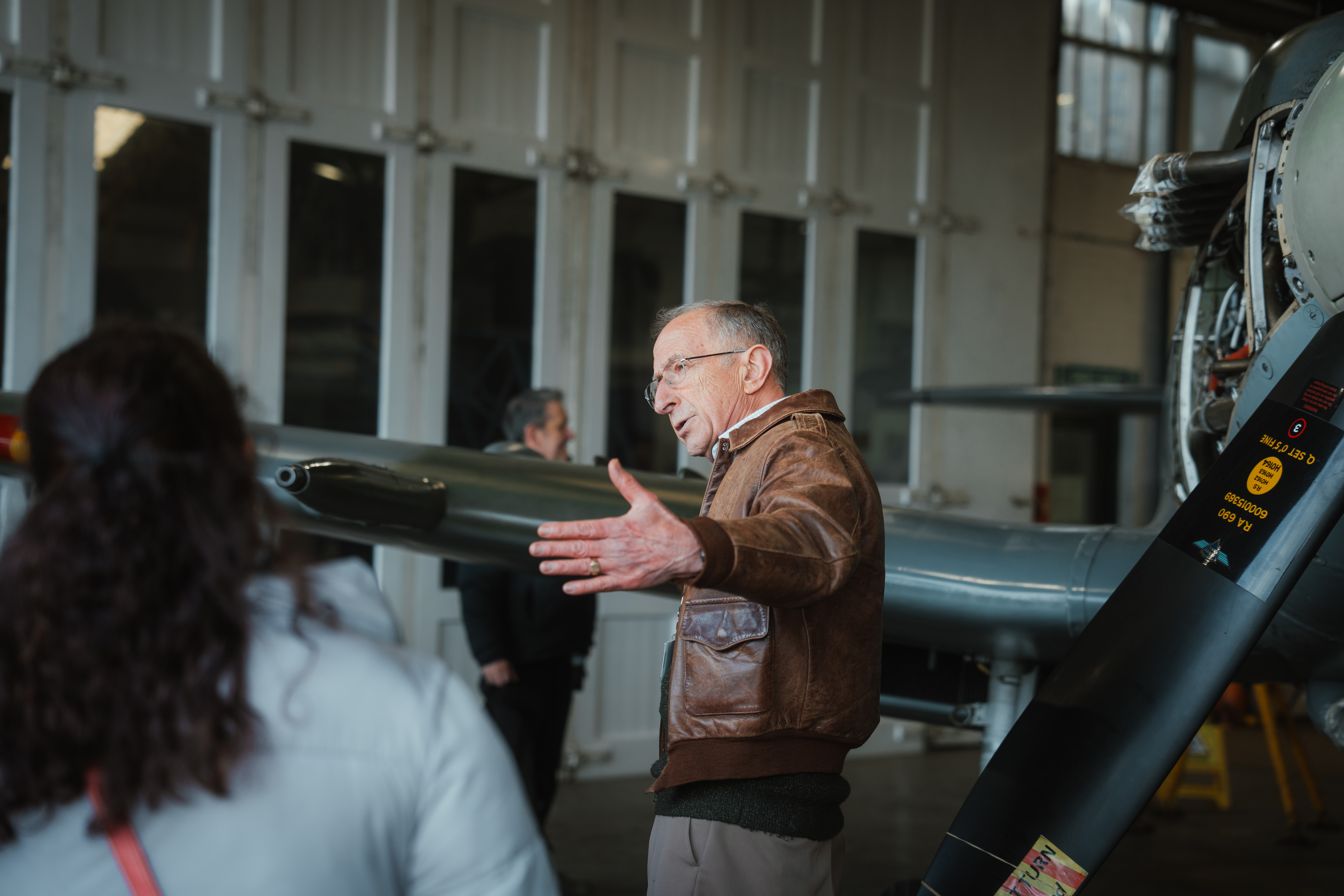 Pilot Dodge Bailey Talking To Visitors. Engineering Open Workshop 2025. © The Shuttleworth Trust. Photo Oliver Lloyd.